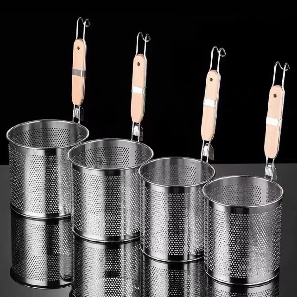 Kitchen Gadgets Pasta - 耐久性のある厚手のステンレス製漏斗 キッチンガジェット 多機能パスタバスケットストレーナー 木製ハンドル付き麺用漏斗