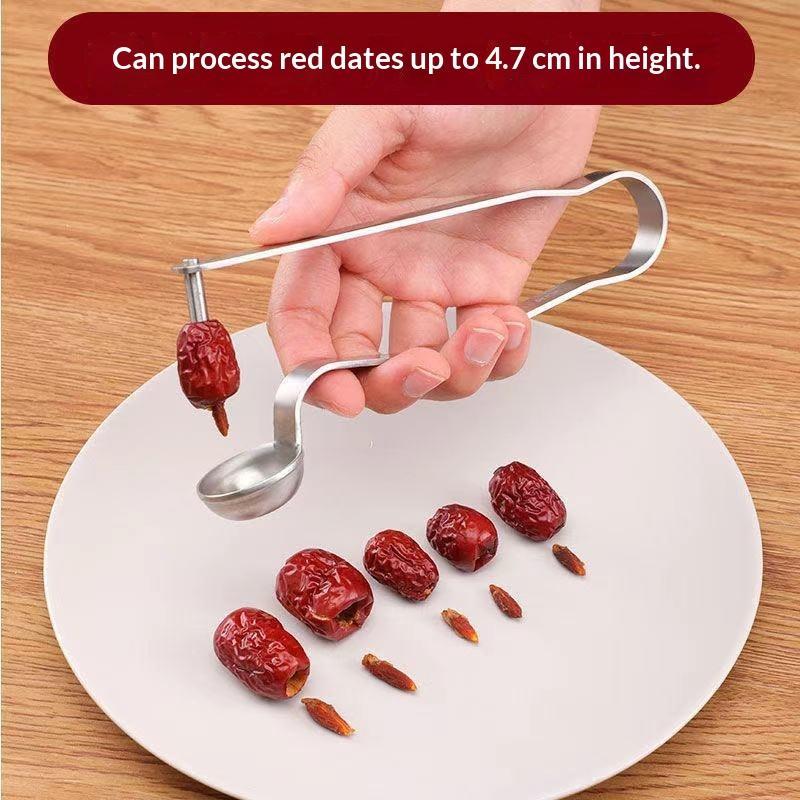 Vegetable Kitchen Gadgets - ステンレス製デーツ種抜きツール、赤い種抜き器、簡単なデーツの準備のためのキッチンガジェット