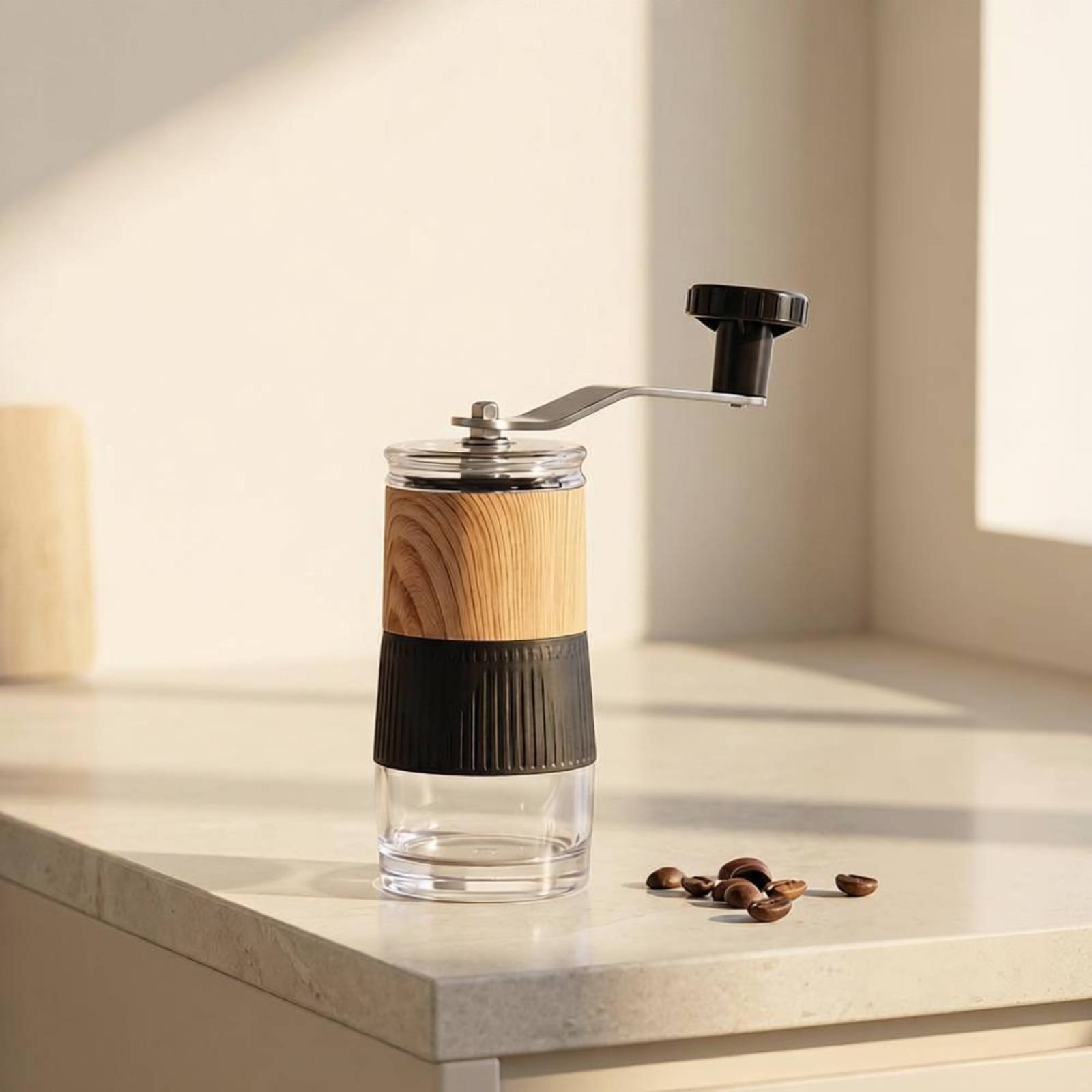Kitchen Hand Gadgets - 手動コーヒーグラインダー 均一研磨 ハンドクランクコーヒーグラインダー キッチンガジェット 木目調仕上げ 透明ベース